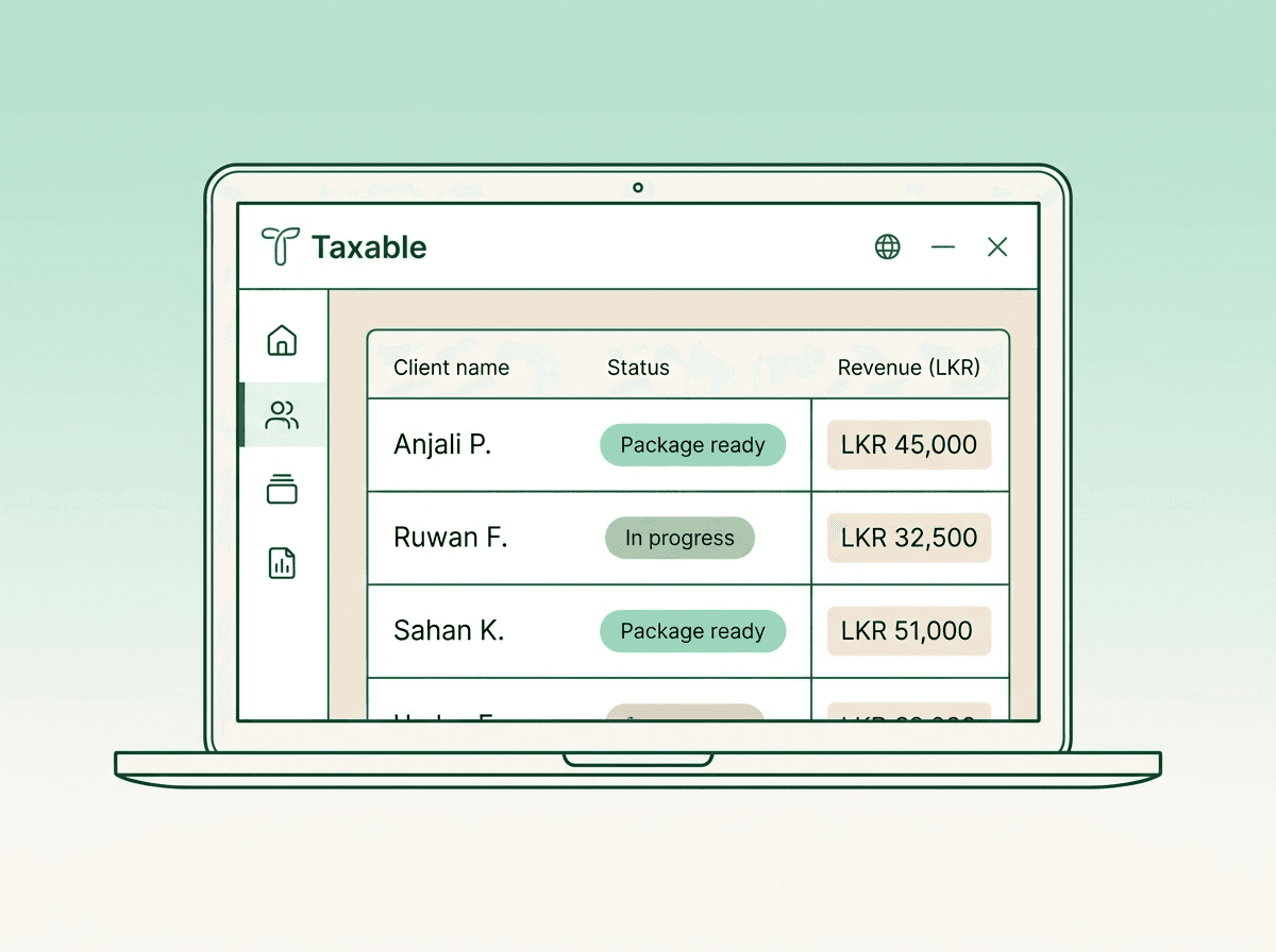 Taxable agency dashboard showing a client list with package-ready and in-progress statuses