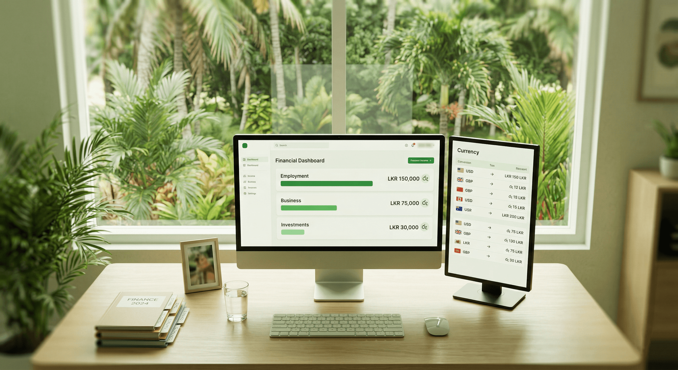 Dual-monitor workspace showing financial dashboard with income streams