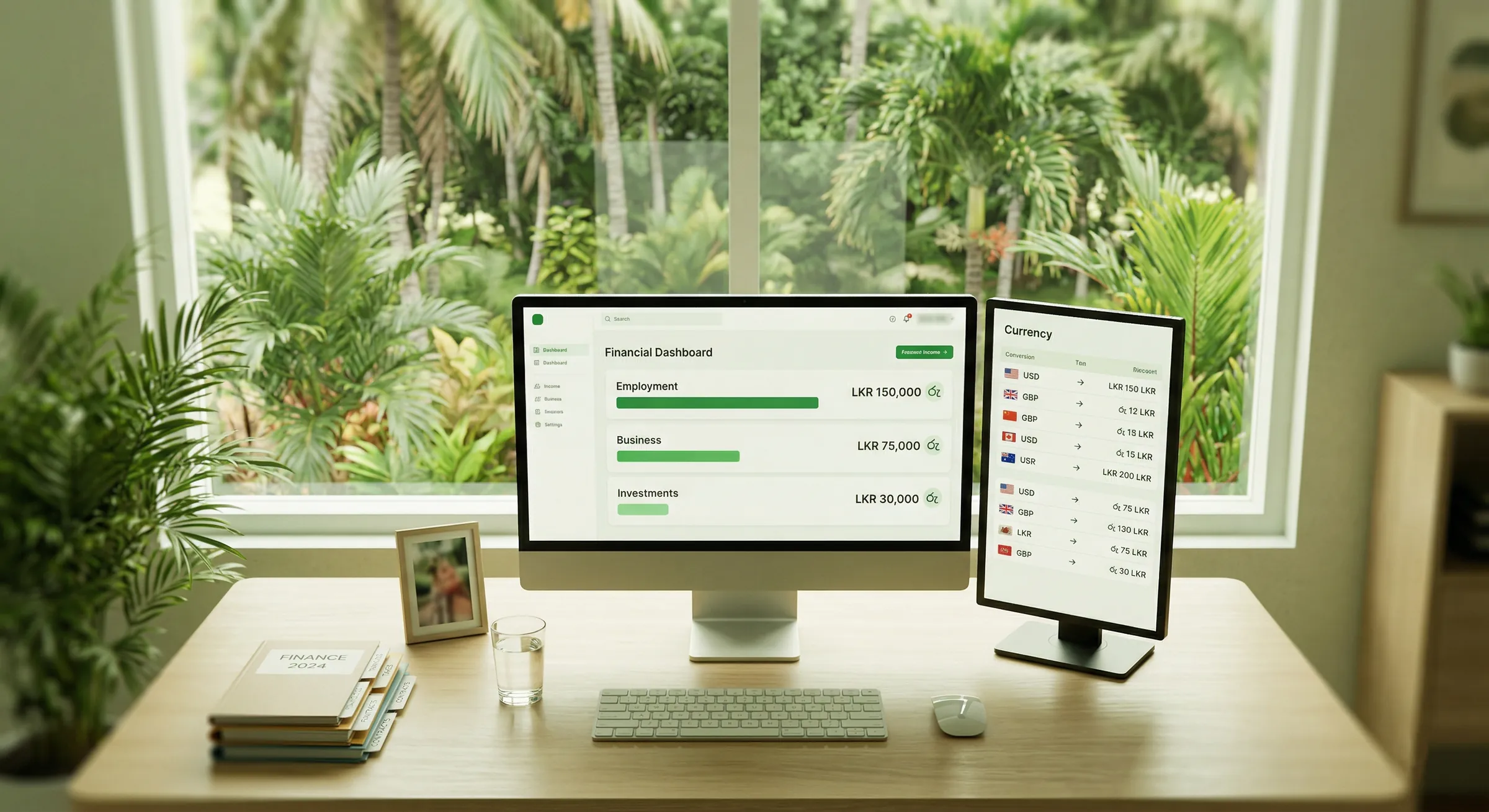 Dual-monitor workspace showing financial dashboard with income streams