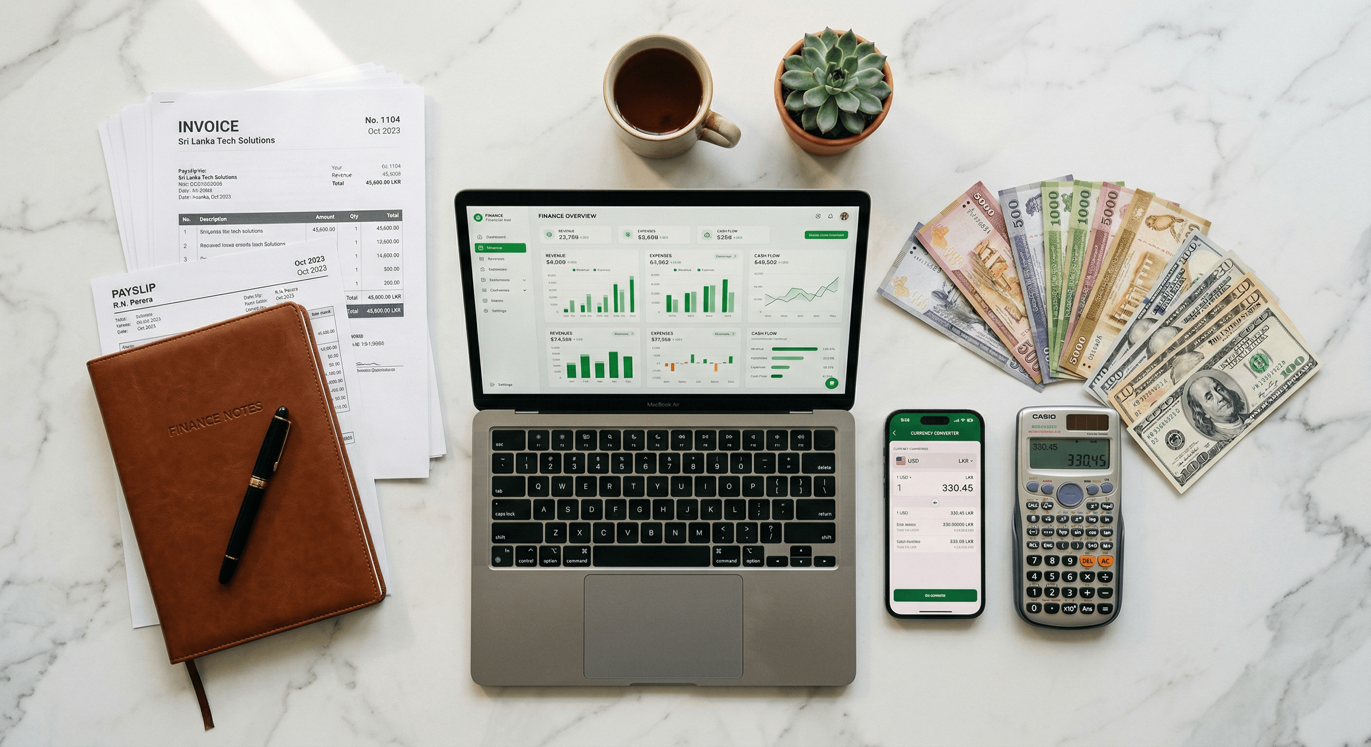 Financial workspace with income tracking dashboard, invoices, and currency notes