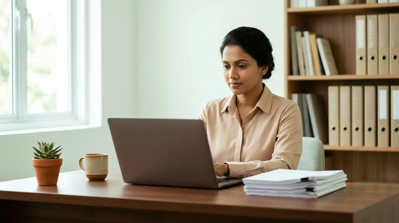 Sri Lankan tax accountant working calmly at a clean desk in a small Colombo practice