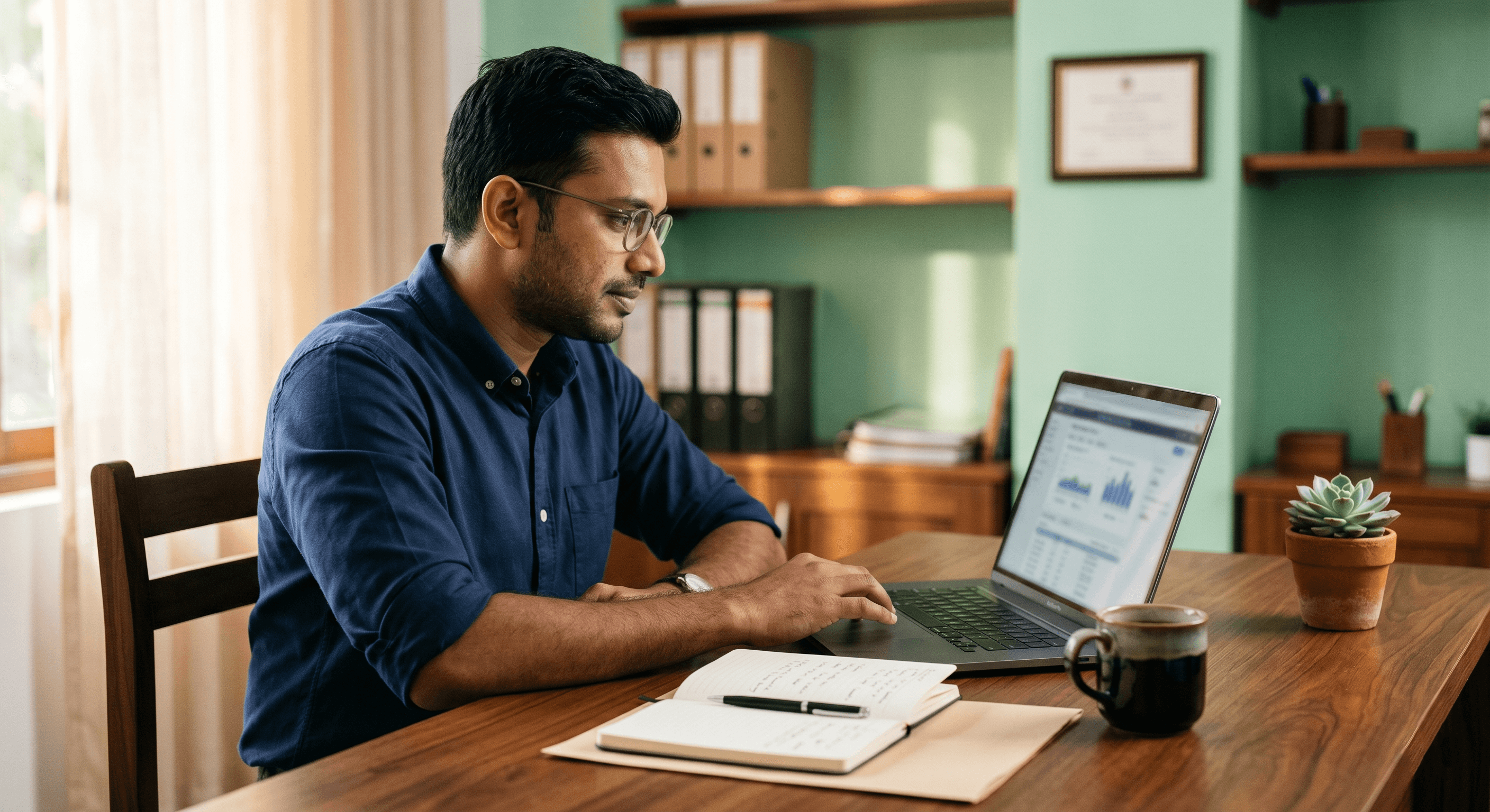 A Sri Lankan tax accountant calmly reviewing client data on a laptop in a small Colombo practice