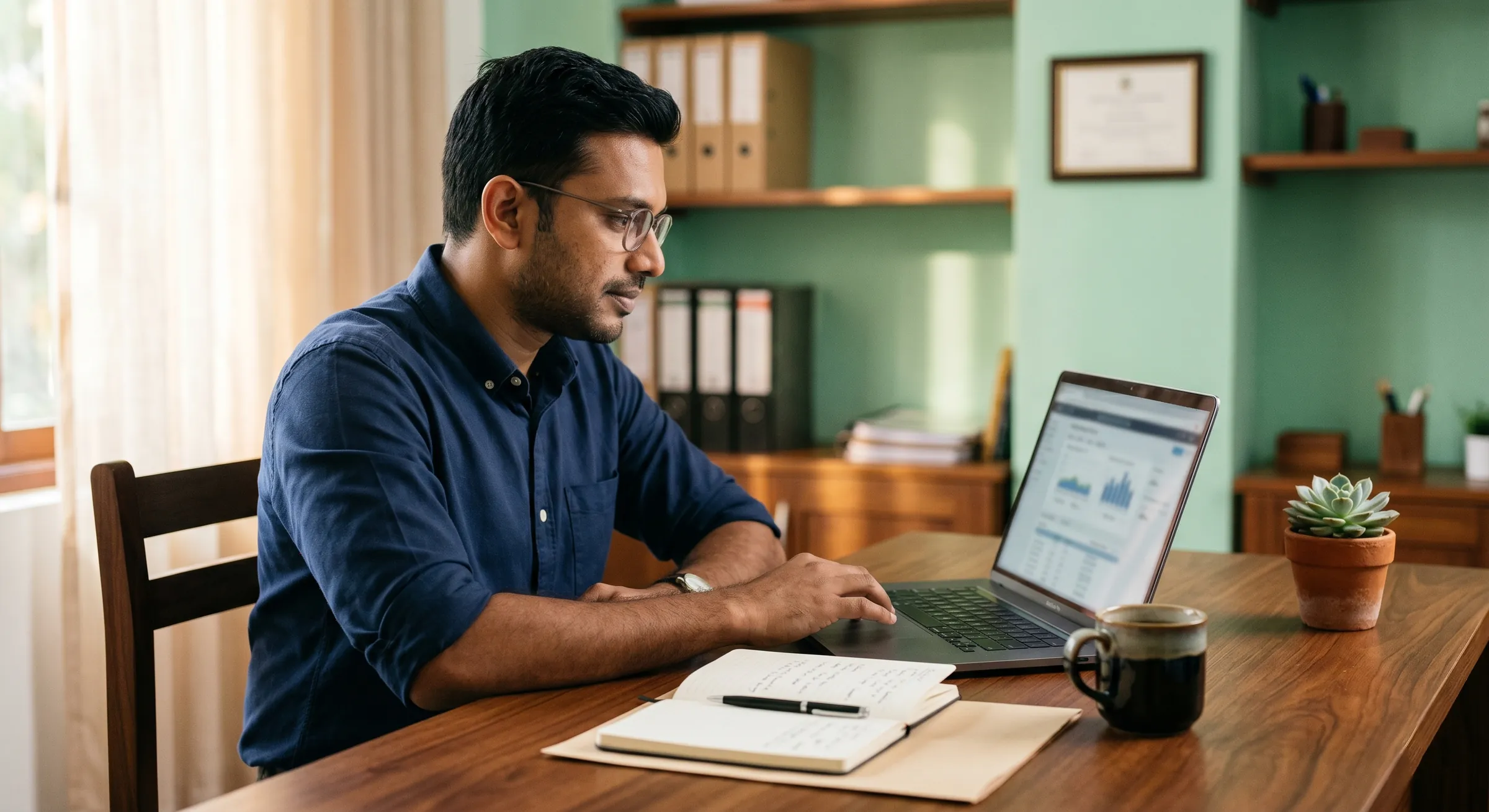 A Sri Lankan tax accountant calmly reviewing client data on a laptop in a small Colombo practice