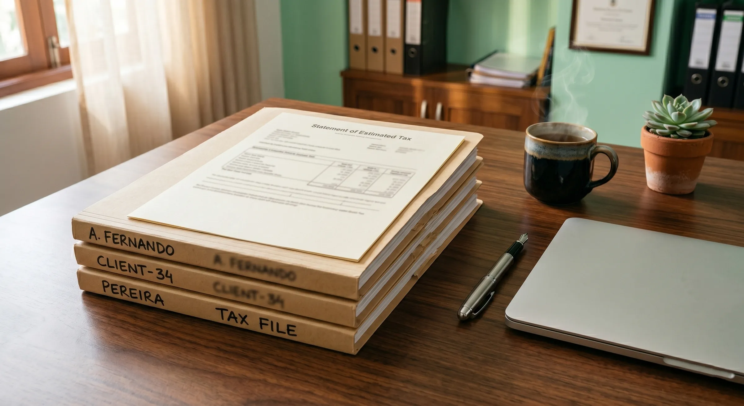 A neat stack of labelled client tax folders on a wooden desk, with a Statement of Estimated Tax document on top