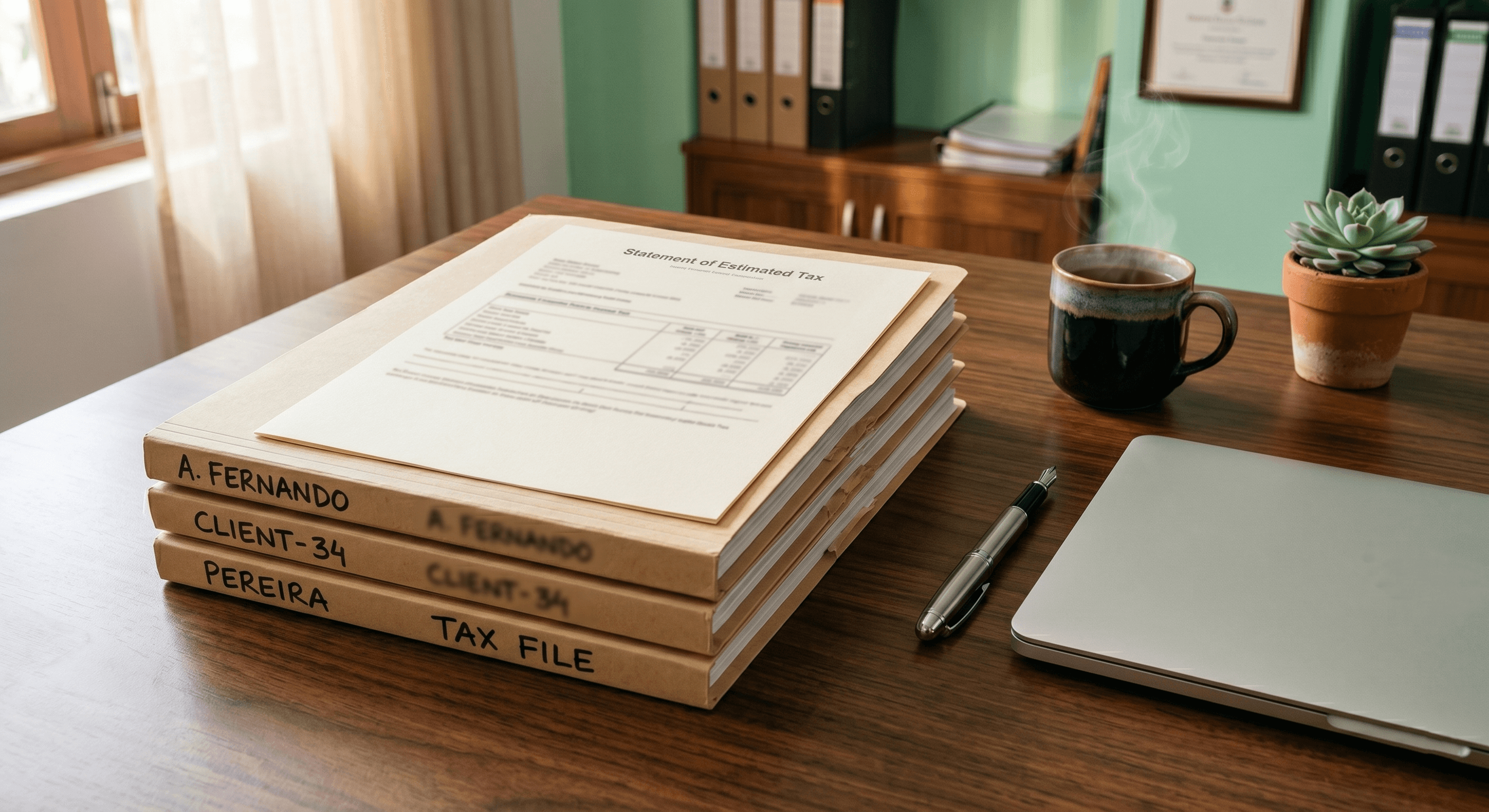 A neat stack of labelled client tax folders on a wooden desk, with a Statement of Estimated Tax document on top