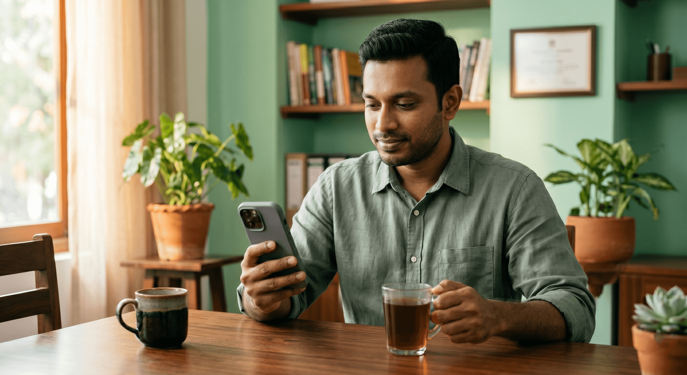 A Sri Lankan freelancer at home, calmly checking a notification on their phone with a cup of tea