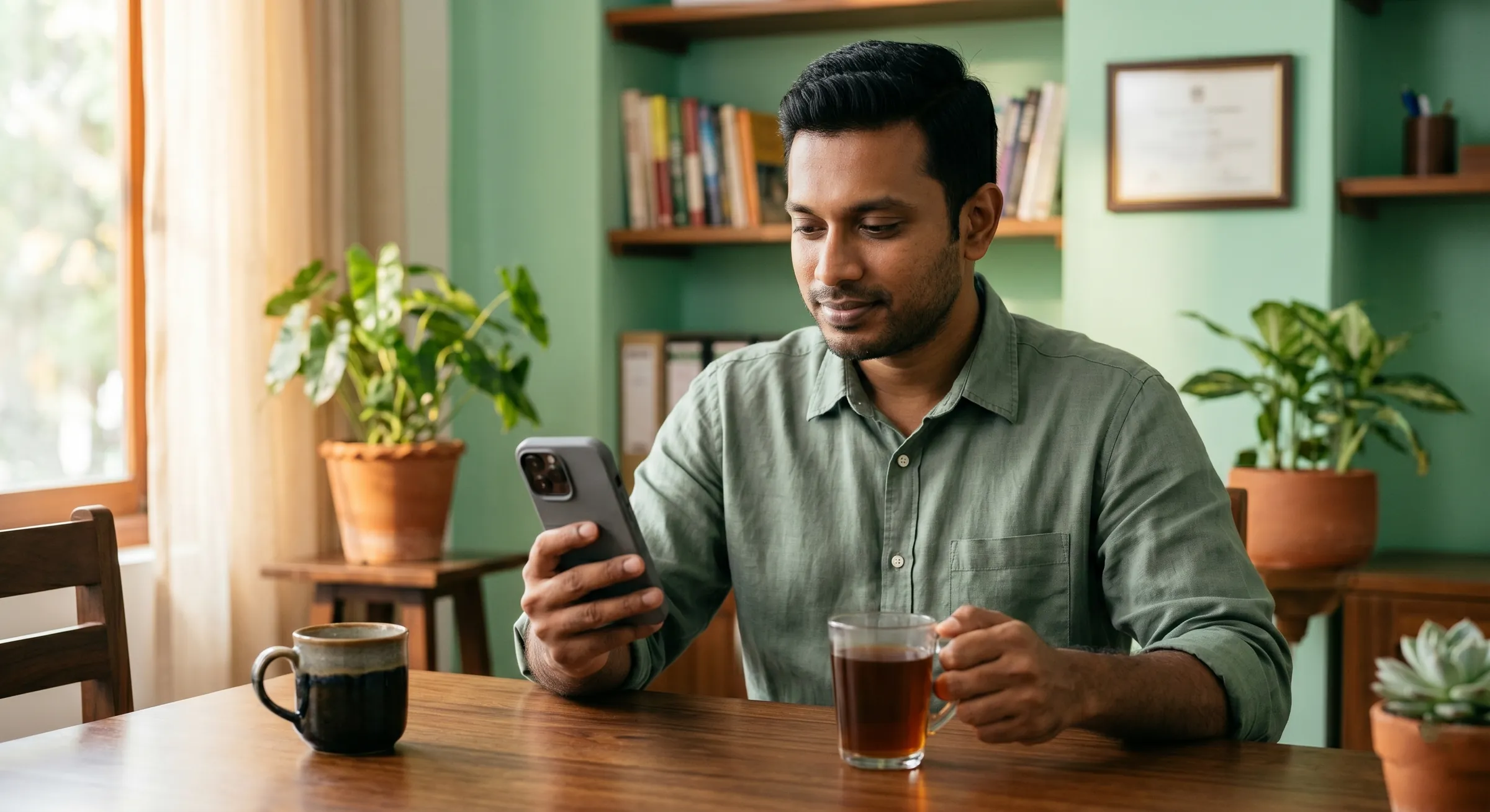 A Sri Lankan freelancer at home, calmly checking a notification on their phone with a cup of tea
